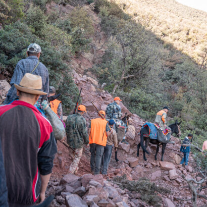 Chasseurs de lanatochasse rentrant à dos de mule après une chasse au sanglier dans les montagnes de Marrakech.